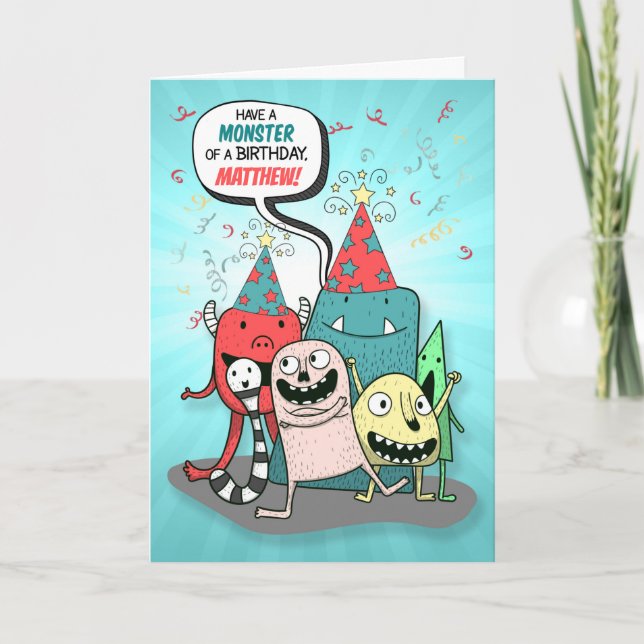 Boy's Red and Teal Monster with Name Birthday Card (Front)
