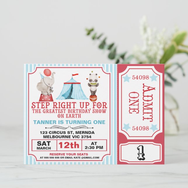 Boys Red Blue Greatest Show Circus Ticket Birthday Invitation (Standing Front)