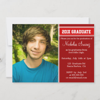 Boys red custom photo graduation invitations