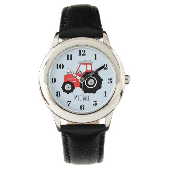 Boy's Red Farm Tractor with Name Kids Watch (Front)