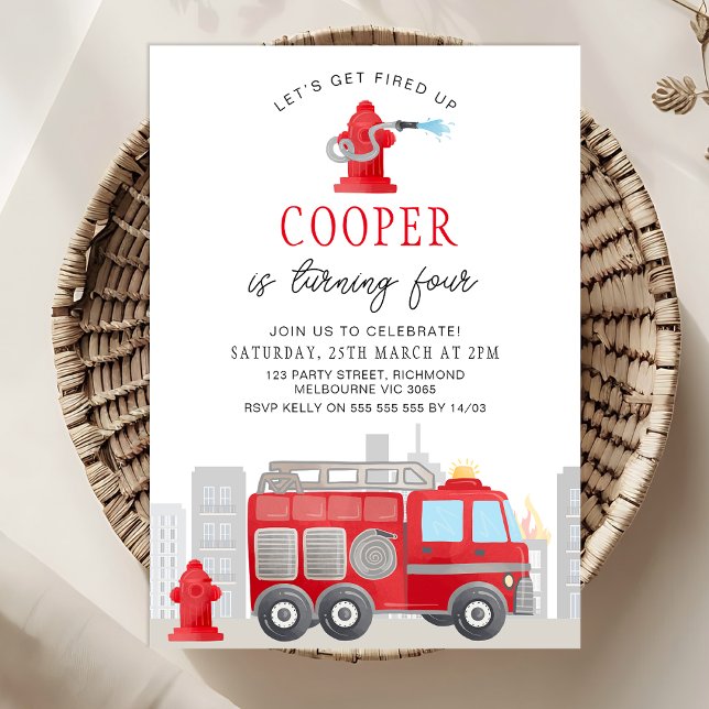 Boys Red Let's Get Fired Up Fire Engine Birthday Invitation (Lets Get Fired Up Fire-engine Birthday Invitation Template, Firefighter Birthday Invitation Hydrant)