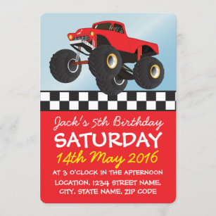 Boys Red Monster Truck Personalized Birthday Invitation