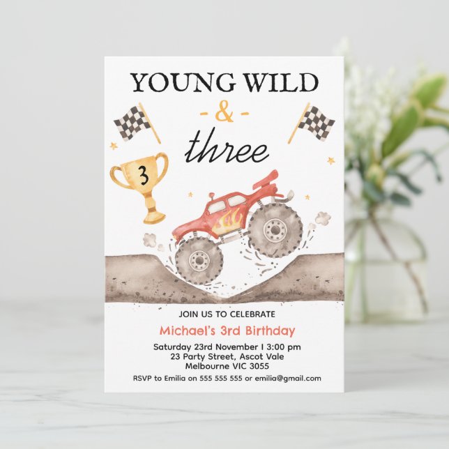 Boys Red Monster Truck Young Wild Three Birthday Invitation (Standing Front)