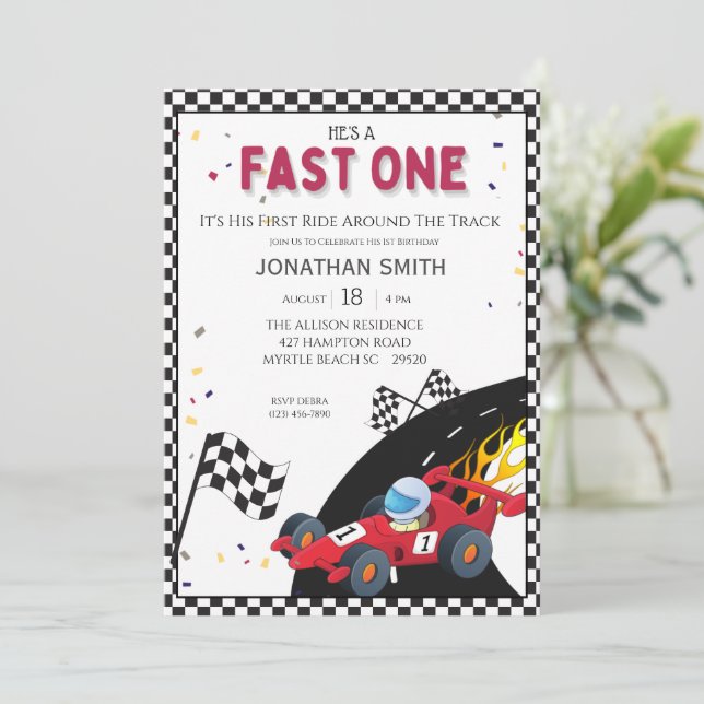Boys Red Race Car 1st  Birthday Party Invitation (Standing Front)