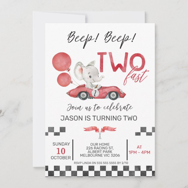 Boys Red Racing Car Elephant Two Fast 2nd Birthday Invitation (Front)