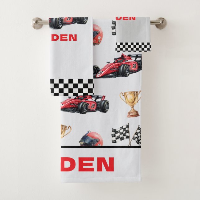 Boys Red Racing Car Pattern Personalised  Bath Towel Set (Insitu)
