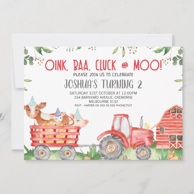 Boys Red Tractor Farm Animals Birthday Invitation (Front)
