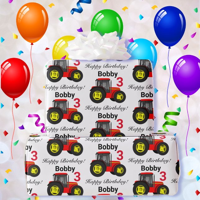 Boy's Red Tractor Name and Age Birthday Gift Wrapping Paper (Creator Uploaded)