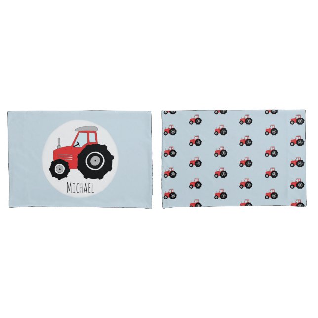 Boy's Red Tractor Pattern with Children's Name Pillowcase (Front-Set)