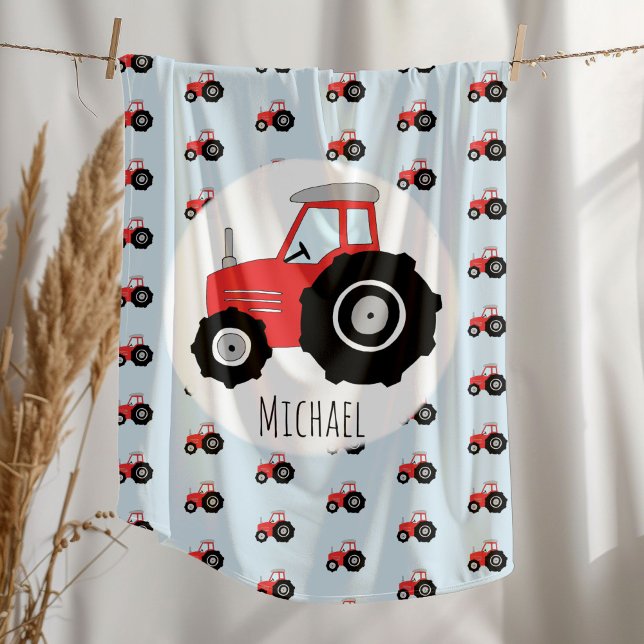 Boy's Red Tractor Pattern with Name Children's Fleece Blanket (Creator Uploaded)