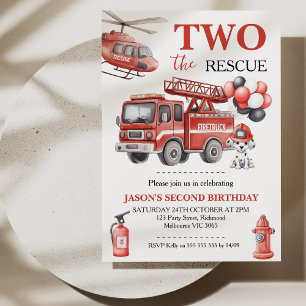 Boys Red Two The Rescue Fire Truck Birthday  Invitation