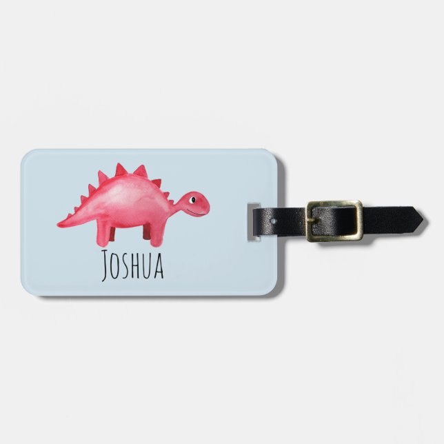 Boys Red Watercolor Dinosaur and Name Kids Luggage Tag (Front Horizontal)