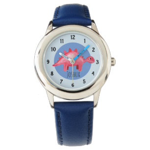 Boys Red Watercolor Dinosaur and Name Kids Watch