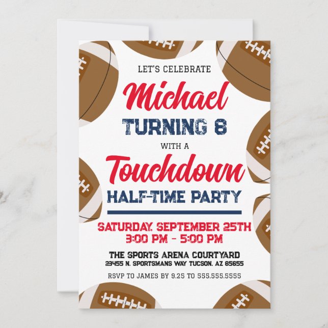 Boys Red White Blue Football Team Birthday Party Invitation (Front)