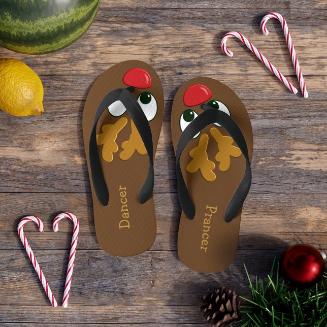 Boys Reindeer Personalised Christmas in July Kid's Flip Flops (Dashing through the sand in a pair of cute Christmas in July Reindeer Flip Flops. Just add your name)