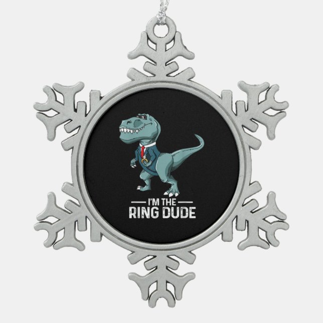 Boys Ring Bearer T-Rex Dinosaur Wedding Party Gift Snowflake Pewter Christmas Ornament (Front)