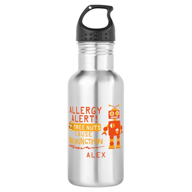 Boys Robot Tree Nut Allergy Alert Personalised 532 Ml Water Bottle (Front)