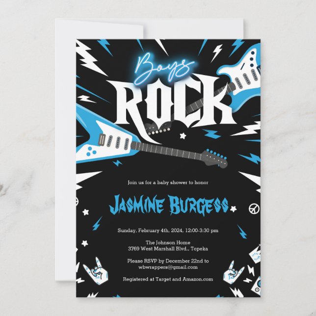 Boys ROCK Baby Shower Invitation, Guitar Invite (Front)