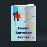 Boy's Rock Wall Climbing Birthday Party Card<br><div class="desc">An illustration of a boy climbing a rock wall.  Personalise this invitation on the front and inside.  These are fun to give for a birthday party of the same theme. Or someone who loves to climb.</div>