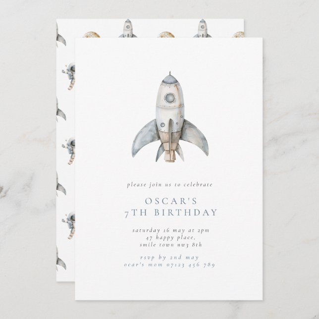  Boy's Rocket Minimalist Space Birthday Party Invitation (Front/Back)