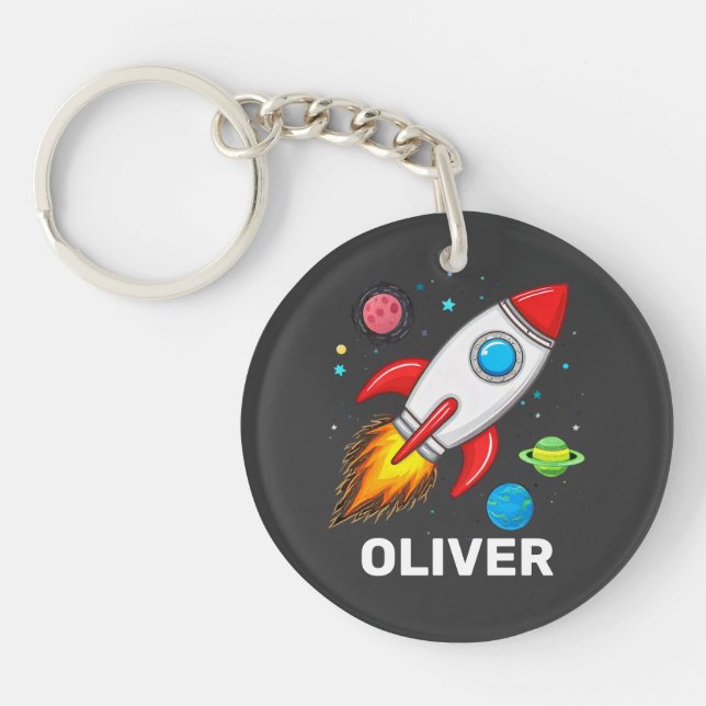 Boys Rocket Outerspace Cute Personalised  Key Ring (Front)