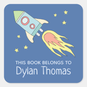 Boys Rocket Ship 'This Book Belongs' and Name Square Sticker