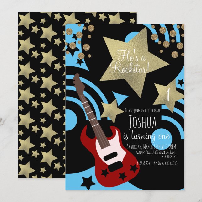 Boys Rockstar Guitar Faux Gold Star Rock Party Invitation (Front/Back)
