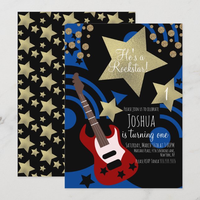 Boys Rockstar Guitar Faux Gold Star Rock Party Invitation (Front/Back)