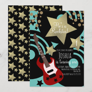 Boys Rockstar Guitar Faux Gold Star Rock Party Invitation