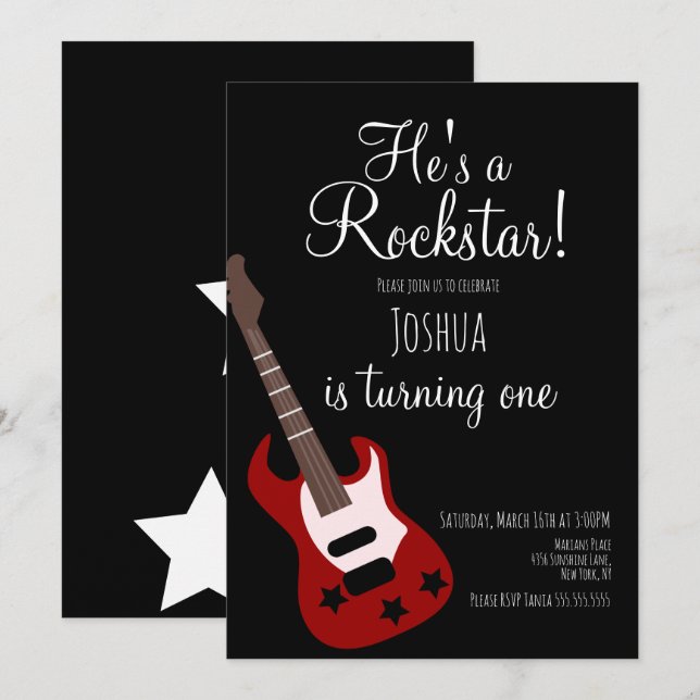 Boys Rockstar Guitar Star Rock Birthday Party  Invitation (Front/Back)
