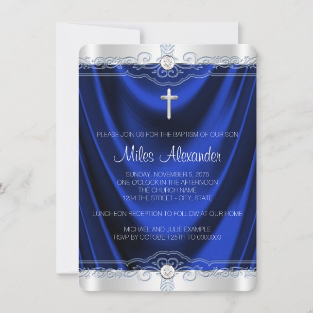 Boys Royal Blue Baptism Christening Invitation (Front)