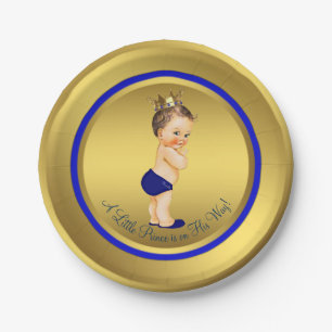 Boys Royal Blue Gold Prince Baby Shower Paper Plate