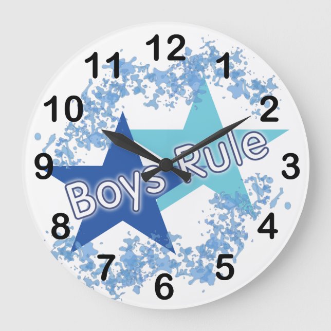Boys Rule Blue Stars Numbered Wall Clock (Front)