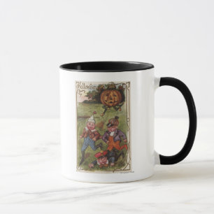 Boys Running From Pumpkin Man in Field Mug