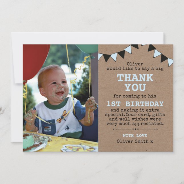 Boys rustic birthday thank you card (Front)