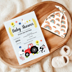 Boys Rustic Blue Farm Tractor Baby Shower Invitation