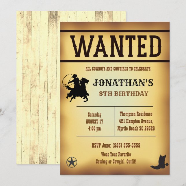 Boys Rustic Brown Yellow Wanted Birthday    Invitation (Front/Back)