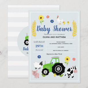 Boys Rustic Country Farm Green Tractor Baby Shower Invitation
