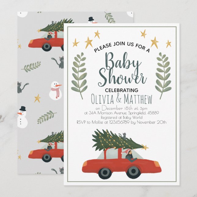 Boys Rustic Cute Christmas Tree Stars Baby Shower Invitation (Front/Back)