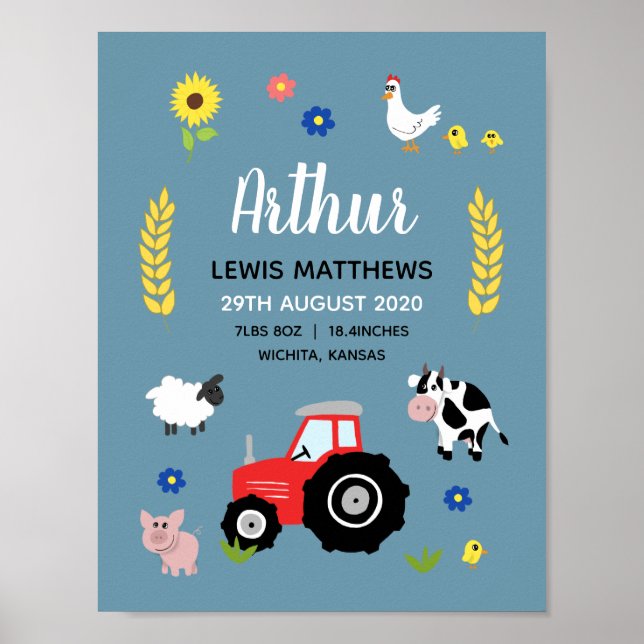 Boys Rustic Cute Farm Birth Stats Baby Nursery Poster (Front)