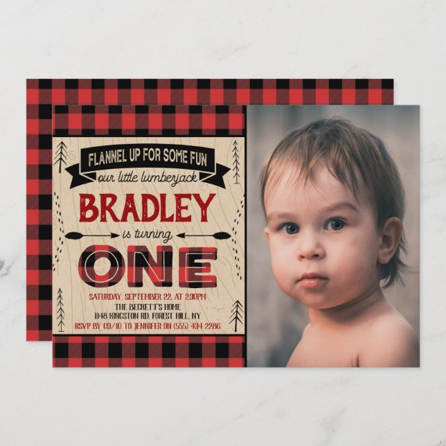 Boys Rustic Plaid Lumberjack 1st Birthday Photo Invitation (Front/Back)