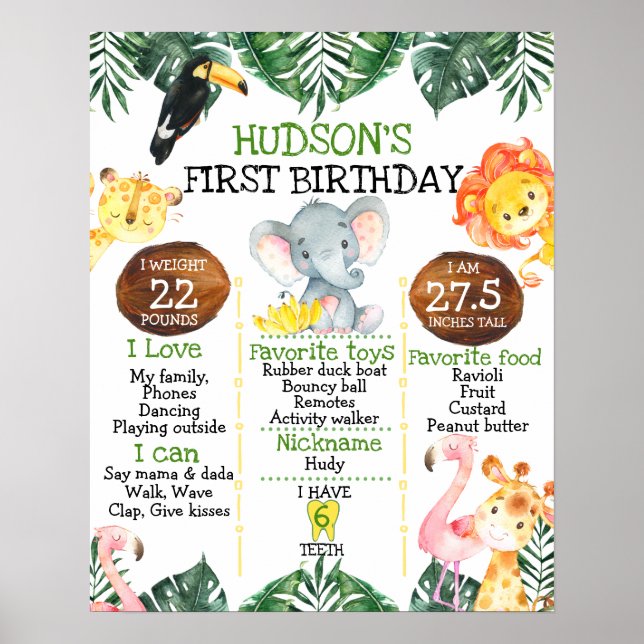 Boys Safari 1st Birthday Milestone Poster (Front)