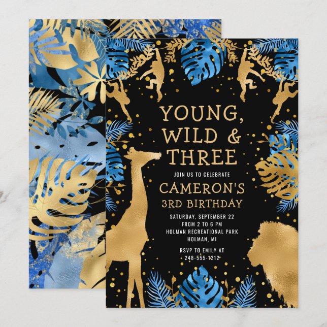 Boys Safari 3rd Birthday Party Blue Gold Black Invitation (Front/Back)