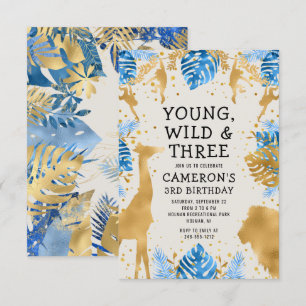 Boys Safari 3rd Birthday Party Blue Gold Ecru Invitation