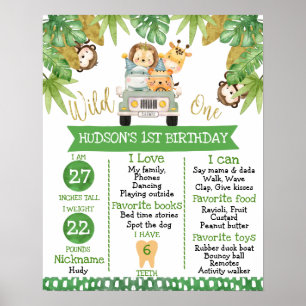 Boys Safari Animals 1st Birthday Milestone Poster