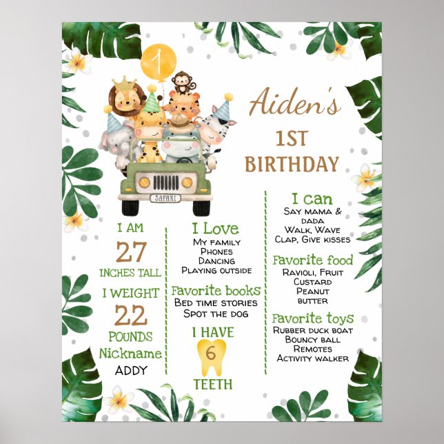 Boys Safari Animals 1st Birthday Milestone Poster (Front)