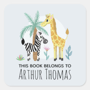 Boys Safari Animals Name Kids Bookplate Square Sticker