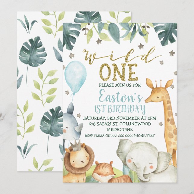 Boy's Safari Wild One First Birthday Invitation (Front/Back)