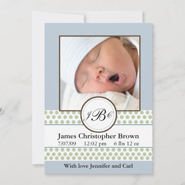 Boys Sage Dots Birth Announcement (Front)