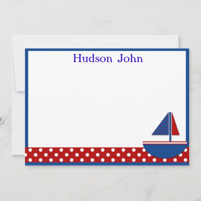 Boys Sailboat Stationery/Thank You Note Card (Front)